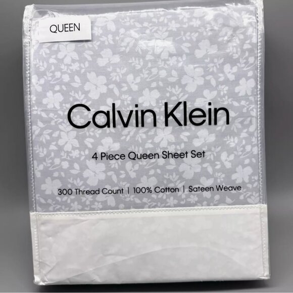 4pc Calvin Klein Expressive Floral Queen Sheet Set Dusty Blue Gray Sateen 300tc - Picture 1 of 7